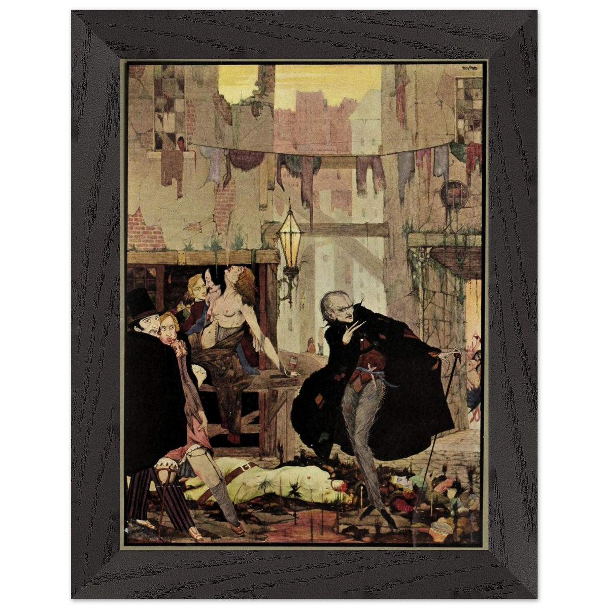 Noisome Quarter by Harry Clarke (1923) in a dark grey frame, illustration for Poe's Tales of Mystery