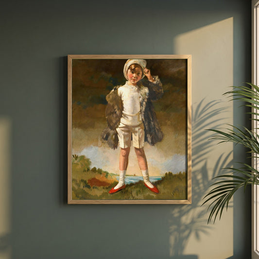 Noll, Son of Oliver St John Gogarty framed print in a natural oak frame on a dark green wall beside a window, dappled plant shadow