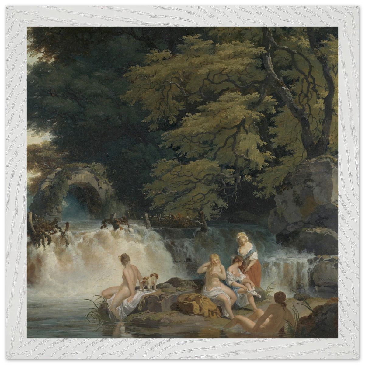 Nymphs Bathing, Salmon Leap at Leixlip, 1783 framed in white, straight-on view