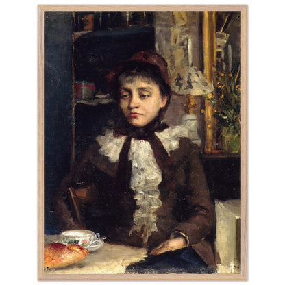 Oak-framed Sarah Purser Le Petit Déjeuner print, straight-on view of the full painting