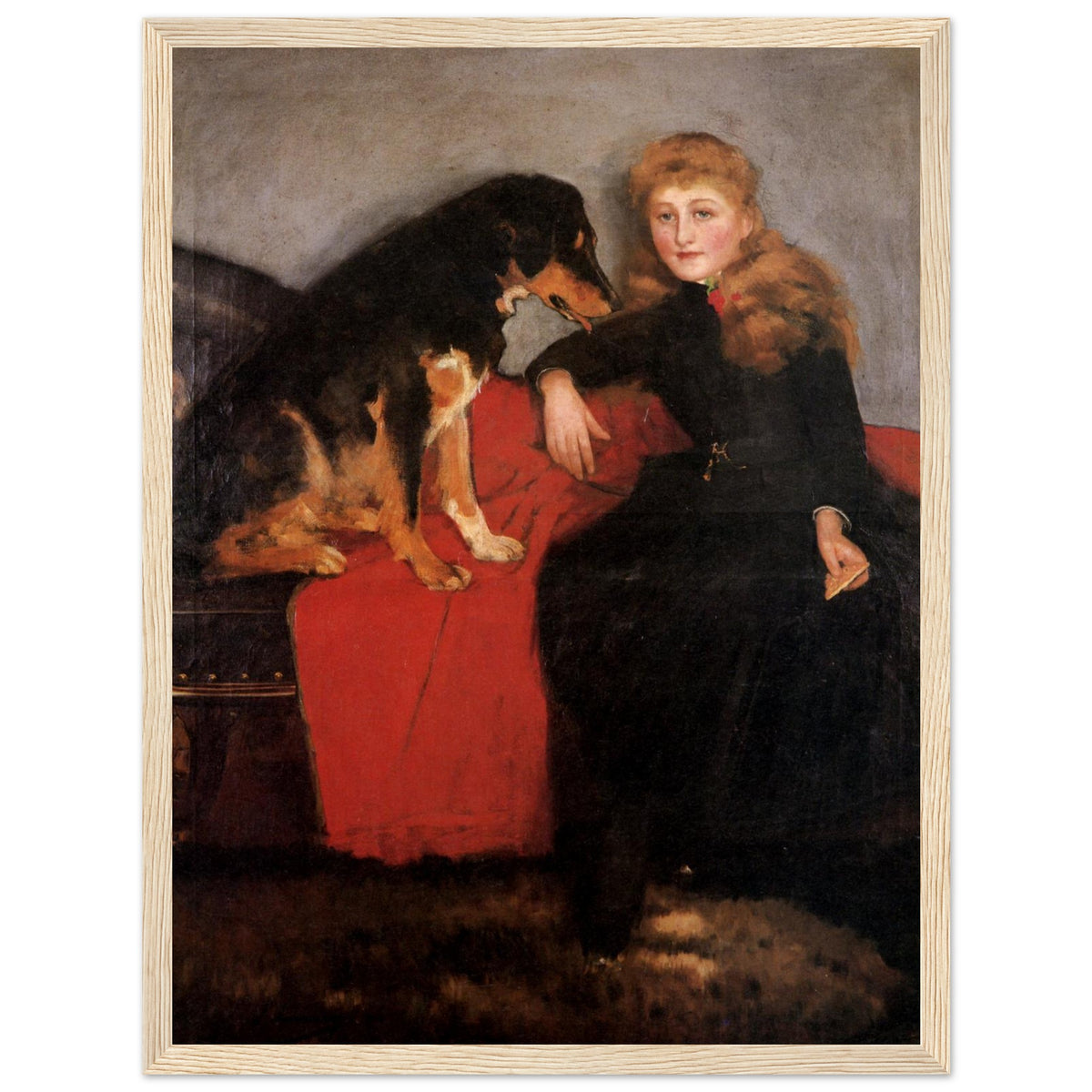 Oak-framed Sir John Lavery portrait of Miss Eva Fulton, straight-on view