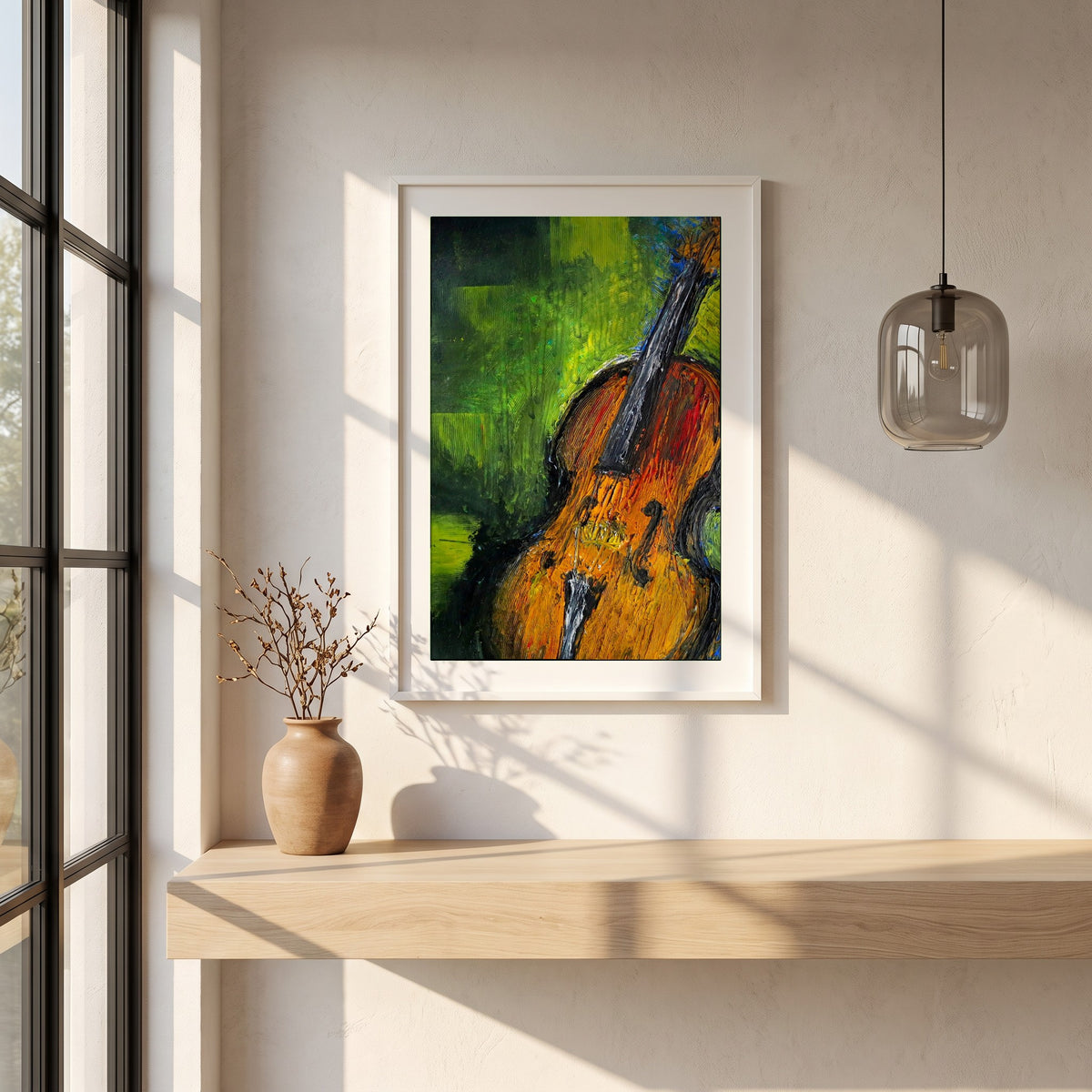 Old Irish Fiddle framed print in a white frame on a plaster wall above an oak worktop in a bright Scandinavian kitchen