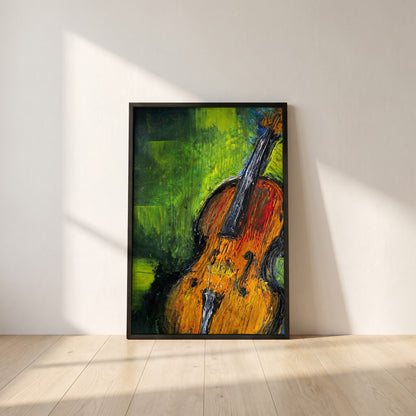 Old Irish Fiddle framed print in a black frame leaning against a white plaster wall on oak floorboards in morning light