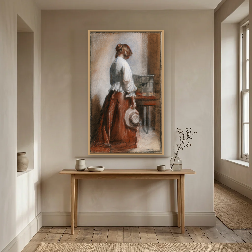 Lady with a Birdcage art print, framed and hung in a hallway