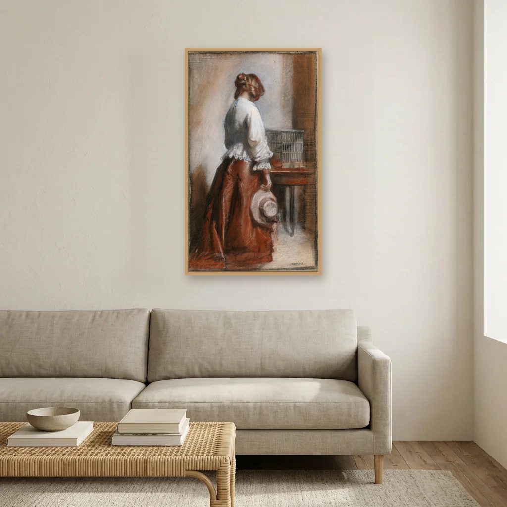 Lady with a Birdcage art print, framed and hung in a living room