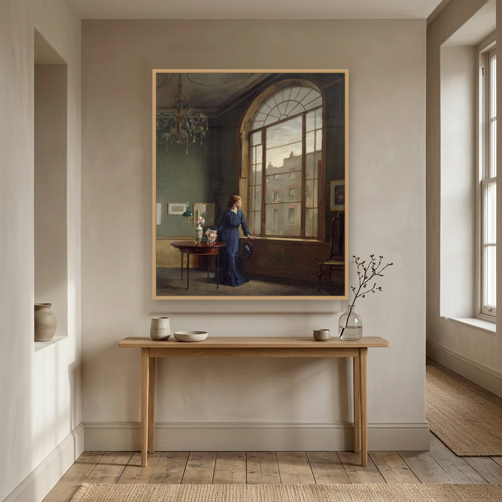 Window in London Street art print, framed and hung in a hallway