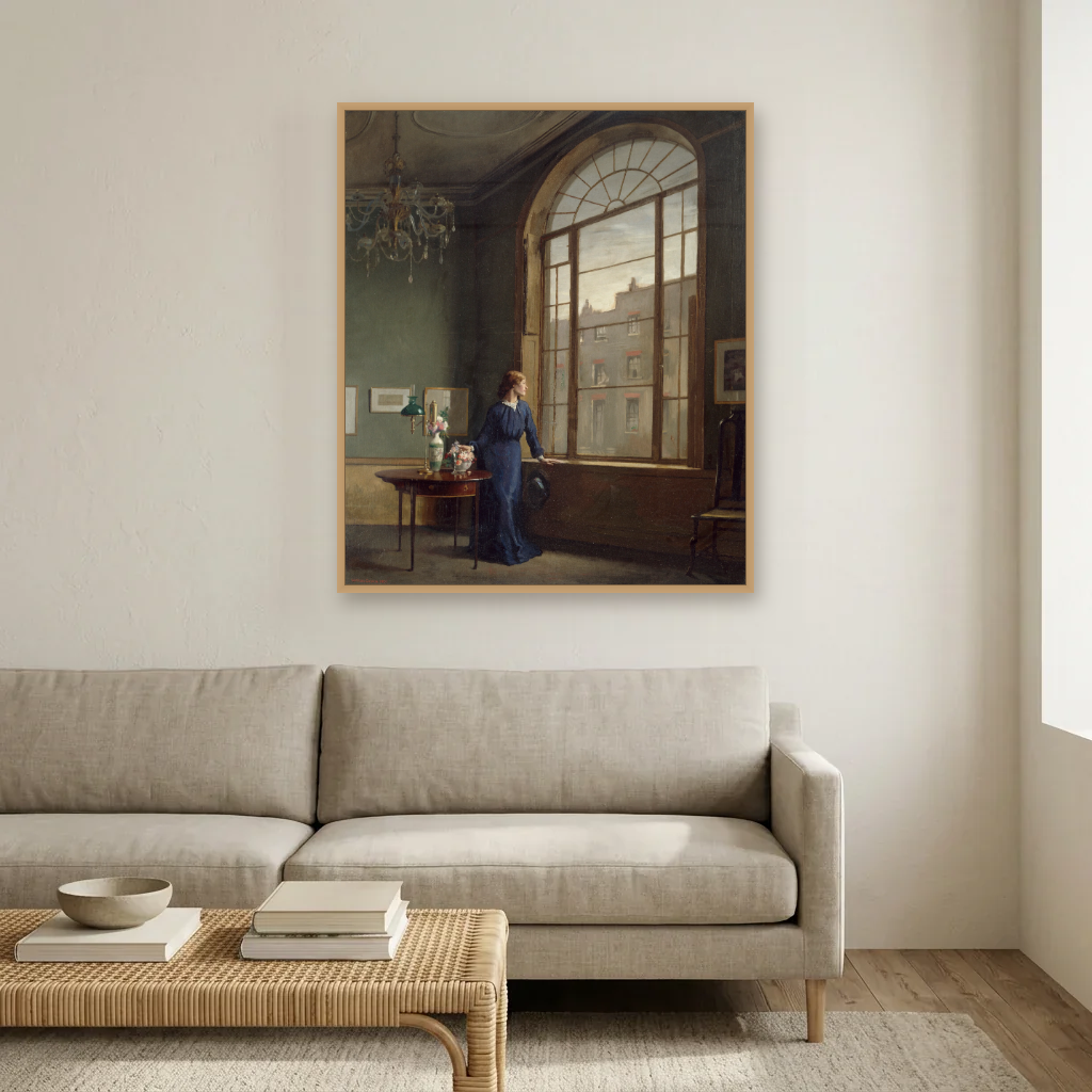 Window in London Street art print, framed and hung in a living room