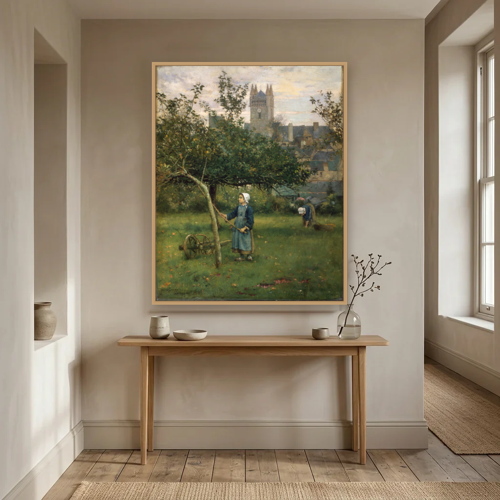 Apple Gathering, Quimperlé art print, framed and hung in a hallway
