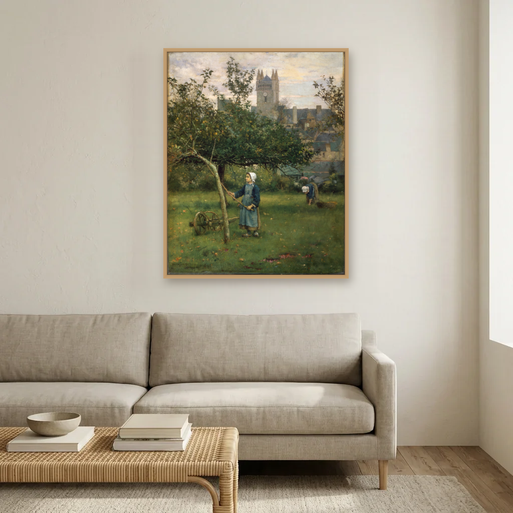 Apple Gathering, Quimperlé art print, framed and hung in a living room
