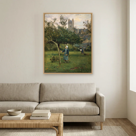 Apple Gathering, Quimperlé art print, framed and hung in a living room