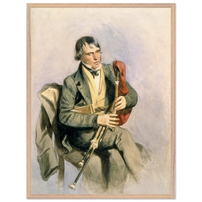 Paddy Conneely The Galway Piper in a pale wood frame on a dark background