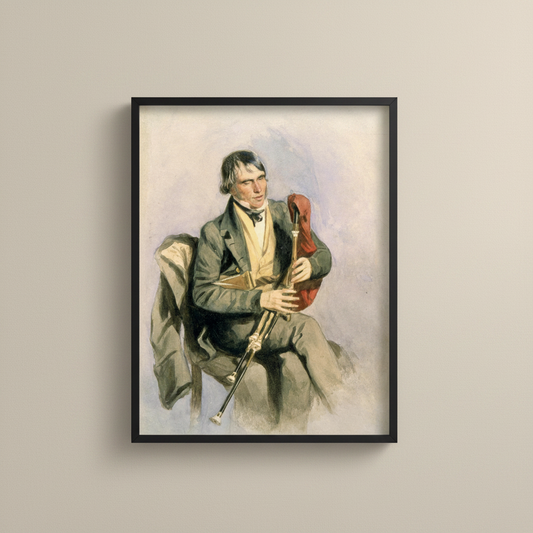 Paddy Conneely, The Galway Piper print in a black frame on a warm beige wall