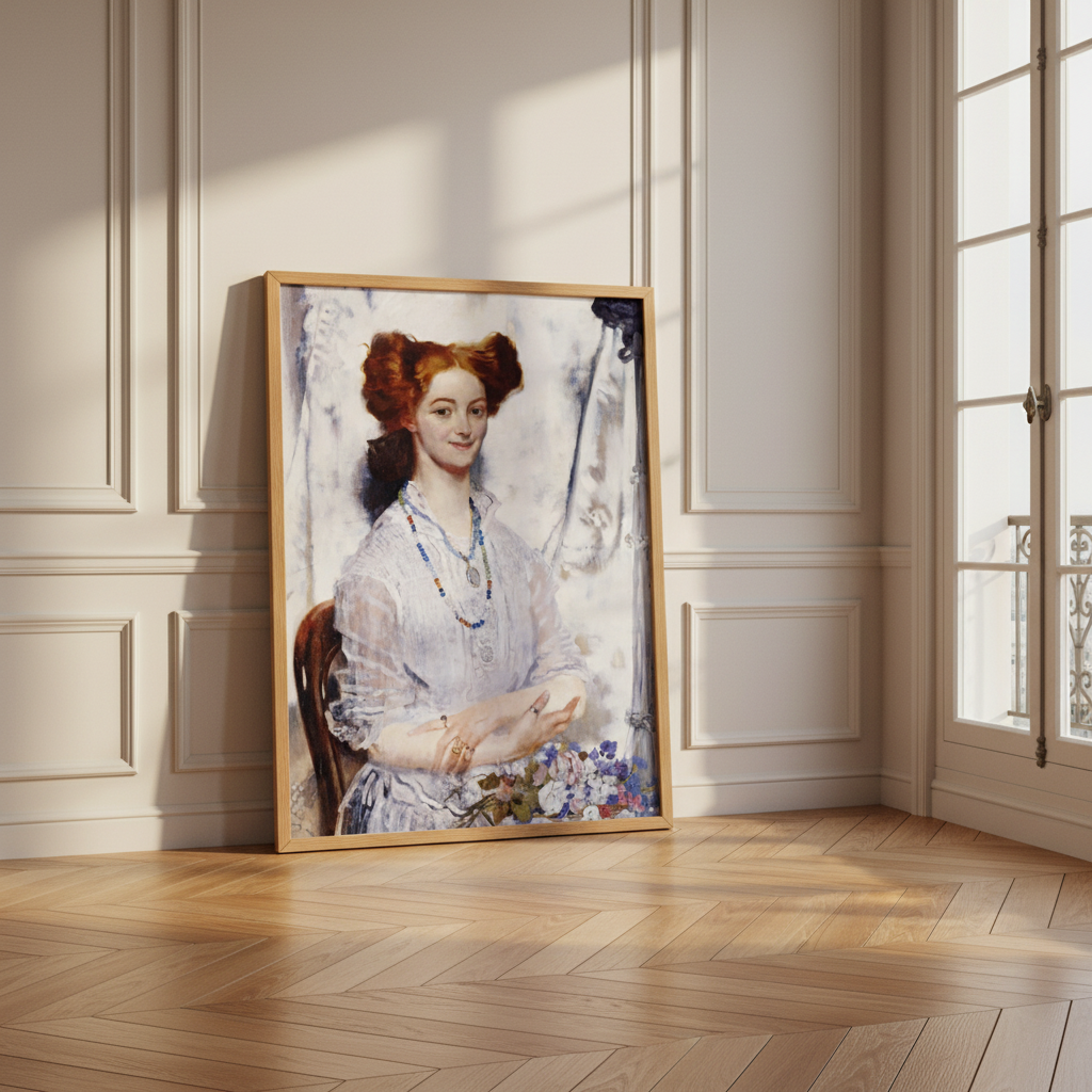 Grace Gifford portrait by Orpen in an oak frame leaning in a panelled room with a herringbone floor