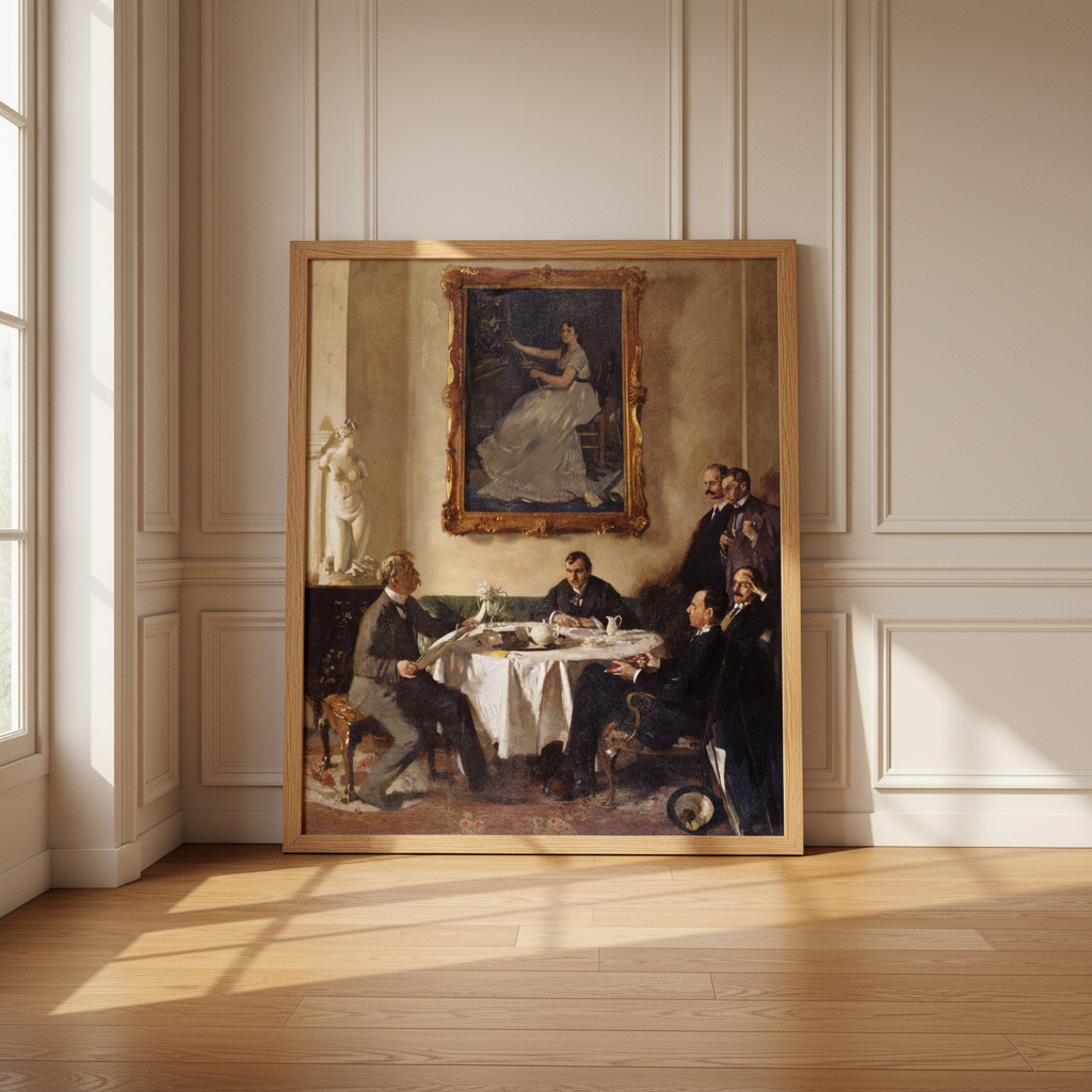 Homage to Manet in a gold frame leaning on a panelled wall on a sunlit wooden floor