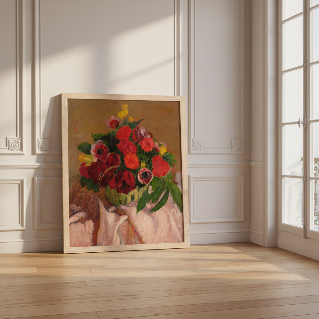 Roderic O'Conor still life print in an oak frame leaning in a panelled room with a wooden floor