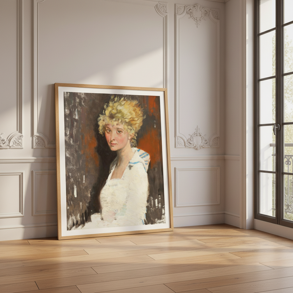 Orpen's Yvonne print in an oak frame leaning by tall windows in a white panelled room