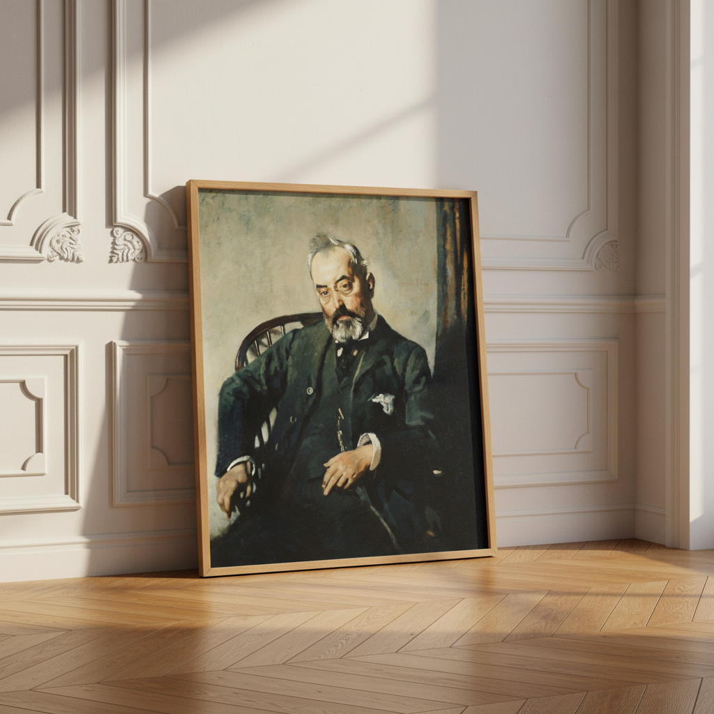 Timothy Healy by William Orpen in an oak frame leaning in a panelled room on a parquet floor