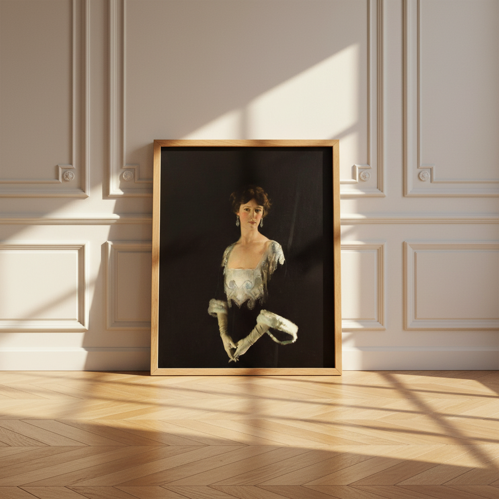 Orpen portrait of Rose, Marchioness of Headfort in an oak frame leaning on a panelled wall