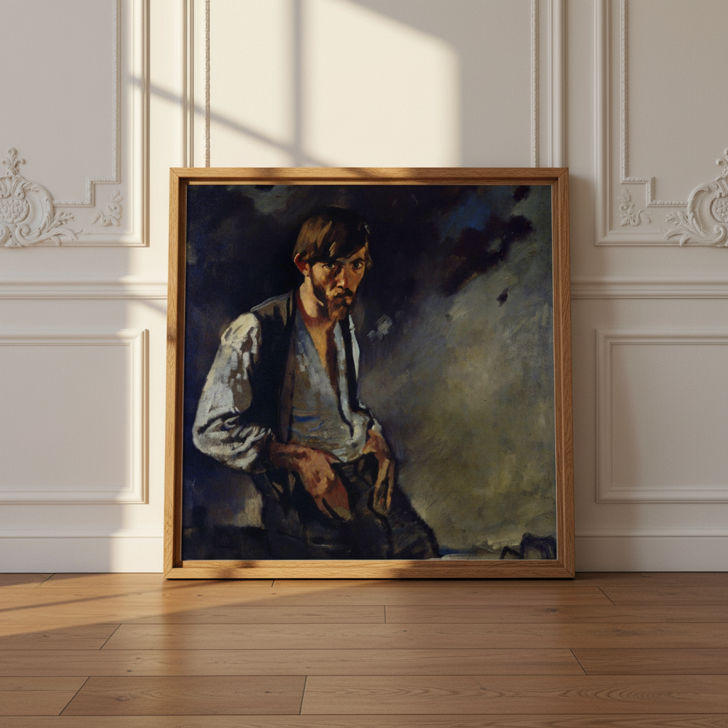 Man from the West by William Orpen in a gilt-edged wood frame leaning against a panelled wall