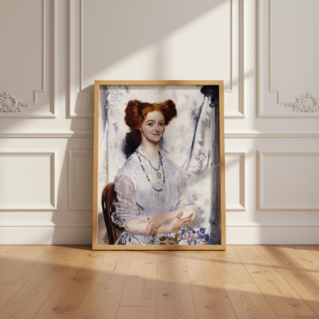 Grace Gifford framed print in an oak frame leaning against a white panelled wall, front view