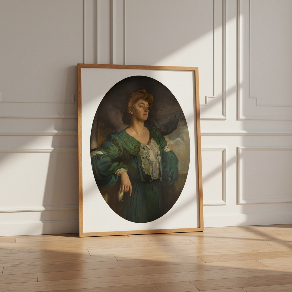 Lady Gerard in a Green Dress by William Orpen in an oak frame leaning on a panelled wall