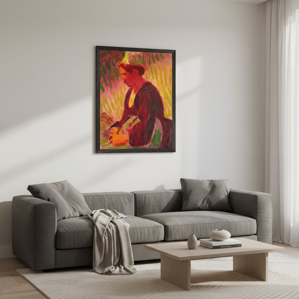 Peasant Woman Seated Outdoors art print in a black hardwood frame displayed in a contemporary living room with charcoal textiles, soft window light, and muted tones. Gallery-style presentation, clean and elegant aesthetic.