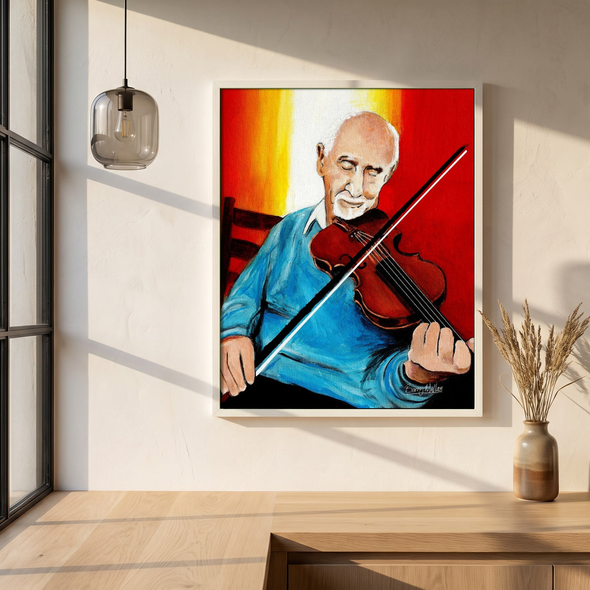 Polkas in the Parlour framed print in a white frame on a plaster wall above an oak worktop in a bright Scandinavian kitchen