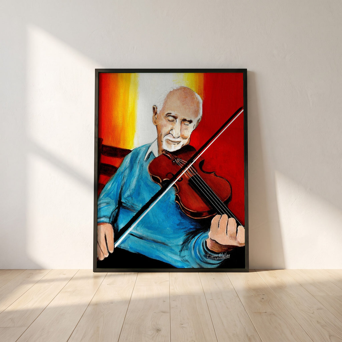 Polkas in the Parlour framed print in a black frame leaning against a white plaster wall on oak floorboards in morning light