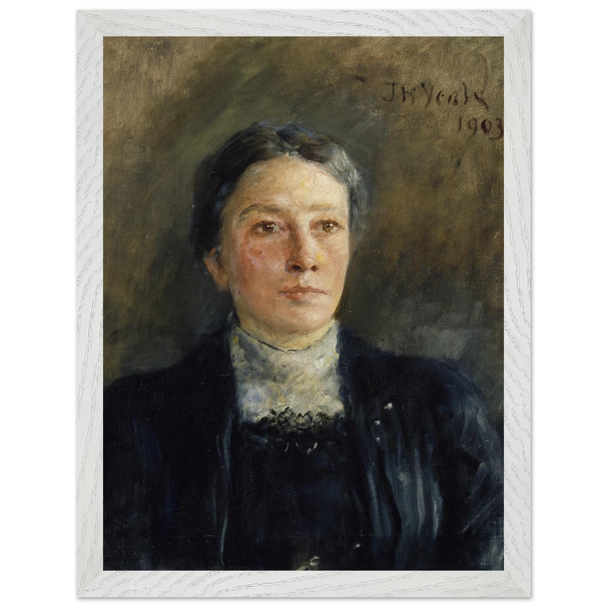 Portrait of Augusta Gregory by John Butler Yeats in a wide white wooden frame