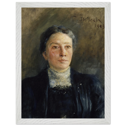 Portrait of Augusta Gregory by John Butler Yeats in a wide white wooden frame