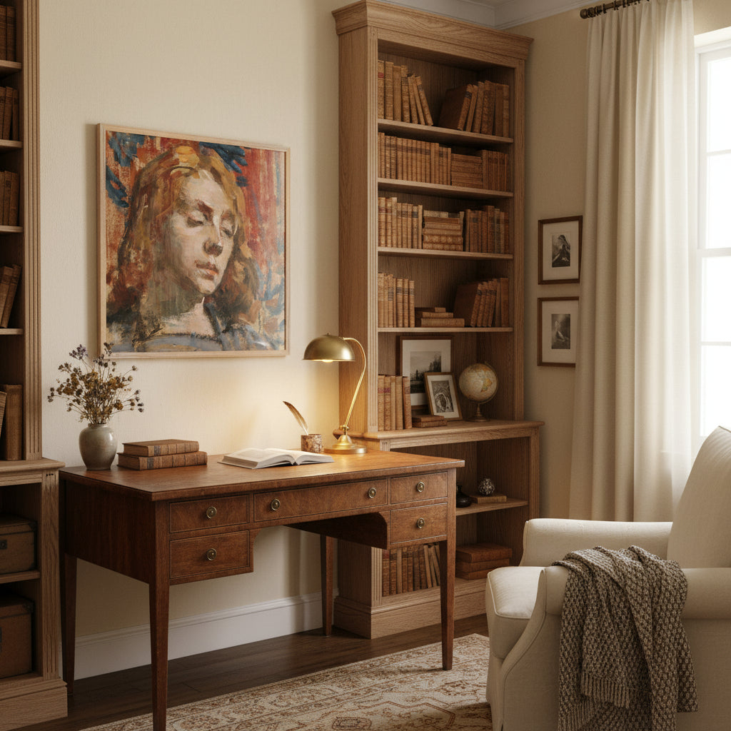 Portrait of Kathleen Behan by Sarah Henrietta Purser in natural oak frame in a mid-century interior