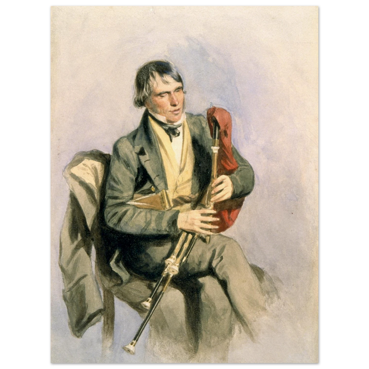 Portrait of Paddy Conneely the Galway piper seated with his uilleann pipes, art print