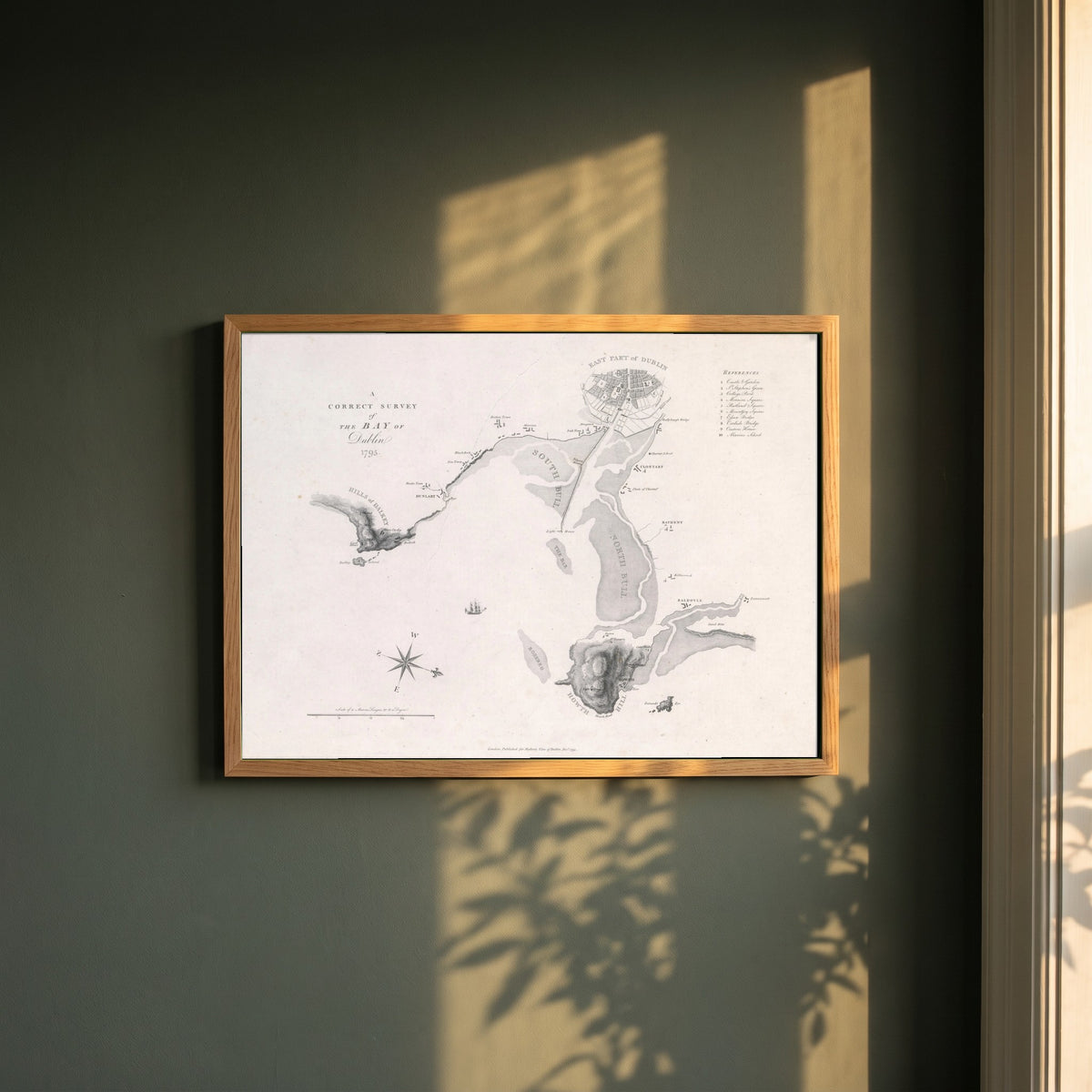 A Correct Survey of the Bay of Dublin, 1795 framed print in a natural oak frame on a dark green wall beside a window, dappled plant shadow