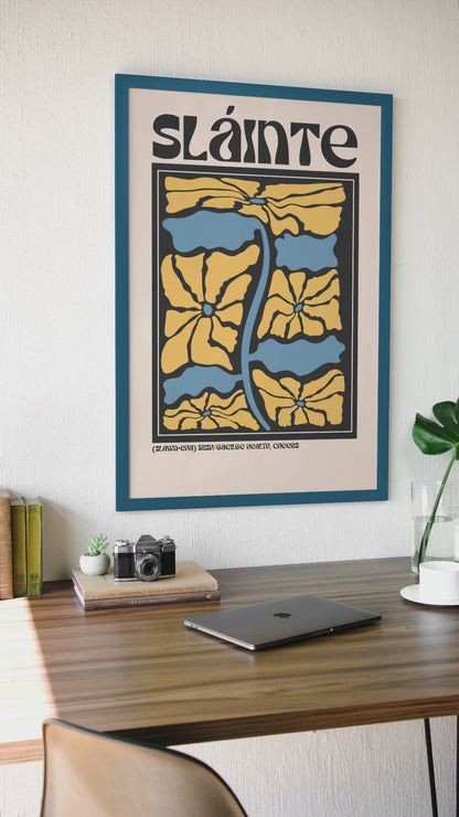 Framed Sláinte Irish cheers Irish Language Print in modern abstract style on clean interior wall.