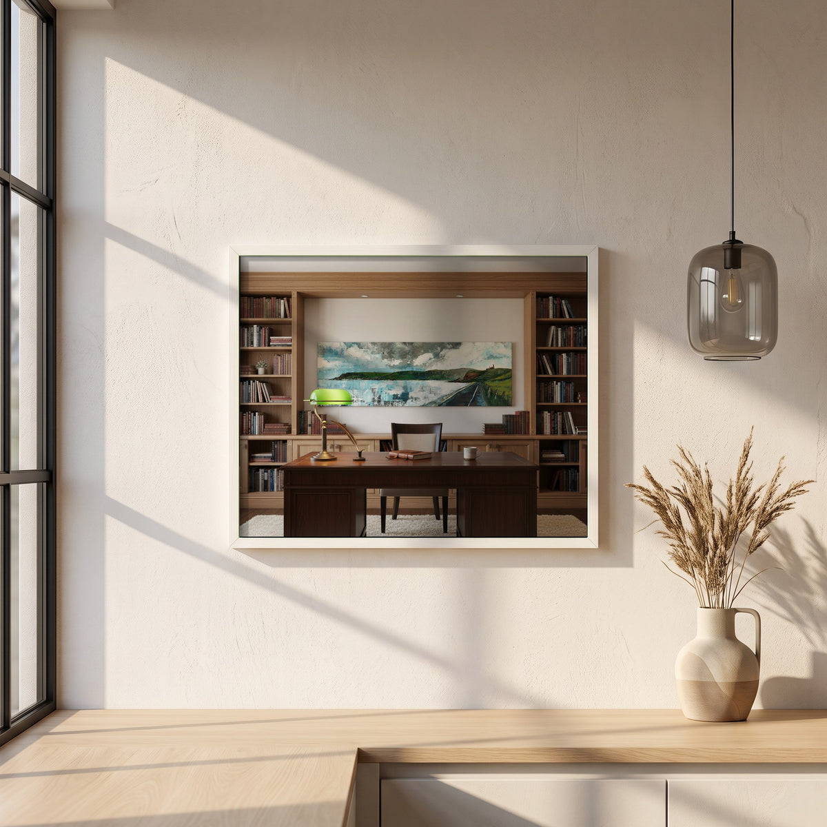 Red Bay, Cushendall framed print in a white frame on a plaster wall above an oak worktop in a bright Scandinavian kitchen