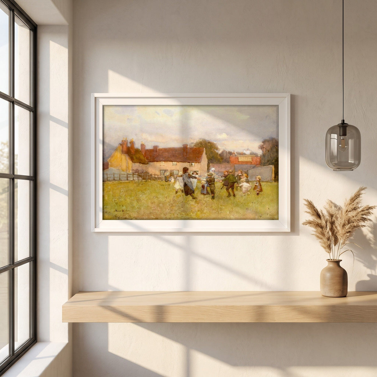 Here We Dance, Lubin Lubin framed print in a white frame on a plaster wall above an oak worktop in a bright Scandinavian kitchen