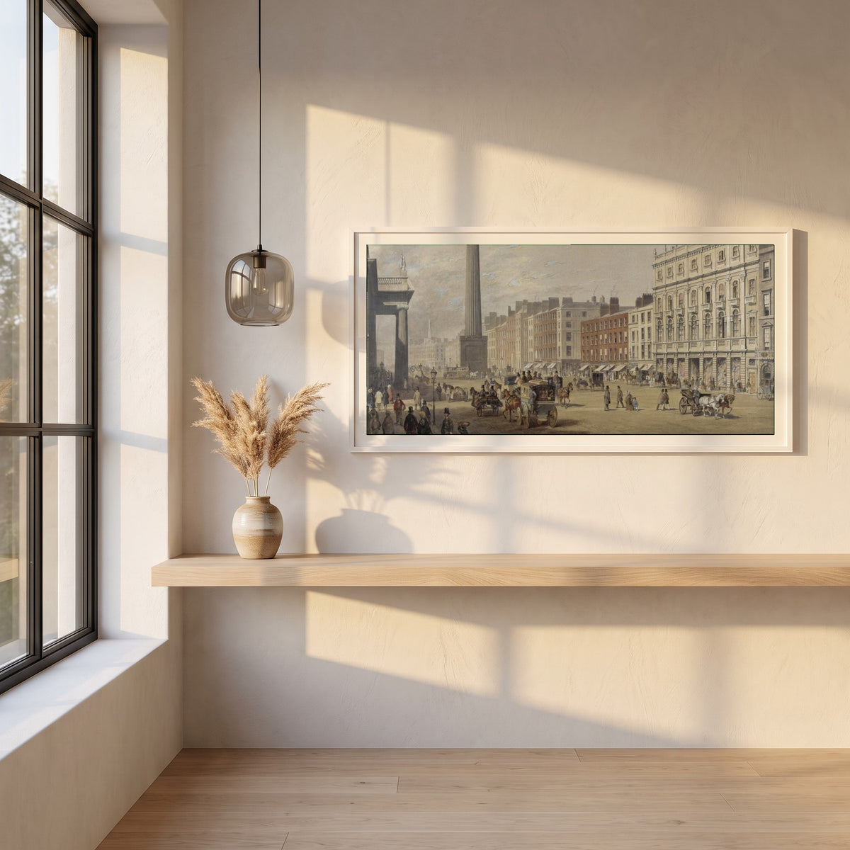 Sackville Street, Dublin framed print in a white frame on a plaster wall above an oak worktop in a bright Scandinavian kitchen