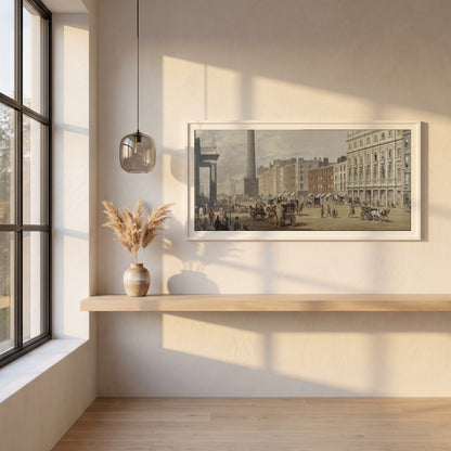Sackville Street, Dublin framed print in a white frame on a plaster wall above an oak worktop in a bright Scandinavian kitchen