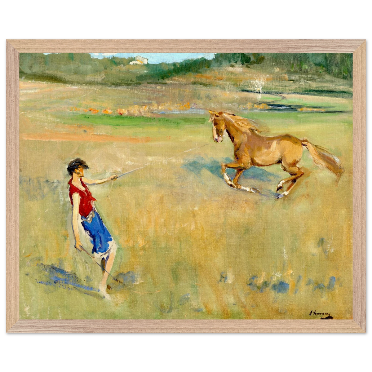 Schooling the Pony by Sir John Lavery, a girl lunging a chestnut pony in a meadow, natural oak frame