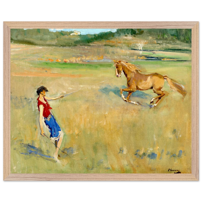 Schooling the Pony by Sir John Lavery, a girl lunging a chestnut pony in a meadow, natural oak frame