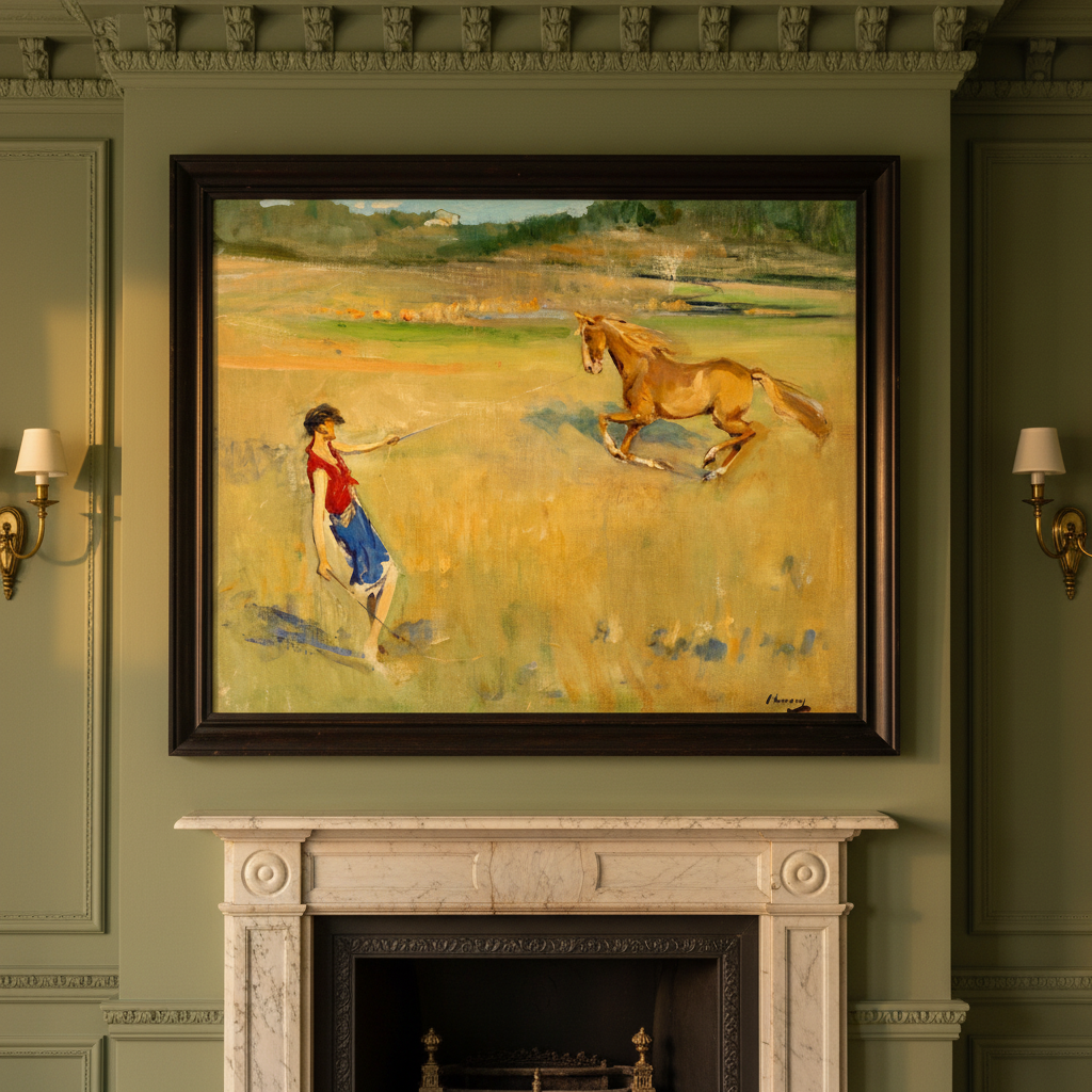 Schooling the Pony by Sir John Lavery in a dark frame above a stone fireplace in an olive panelled room