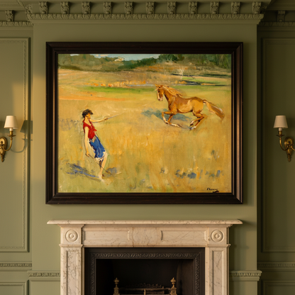 Schooling the Pony by Sir John Lavery in a dark frame above a stone fireplace in an olive panelled room