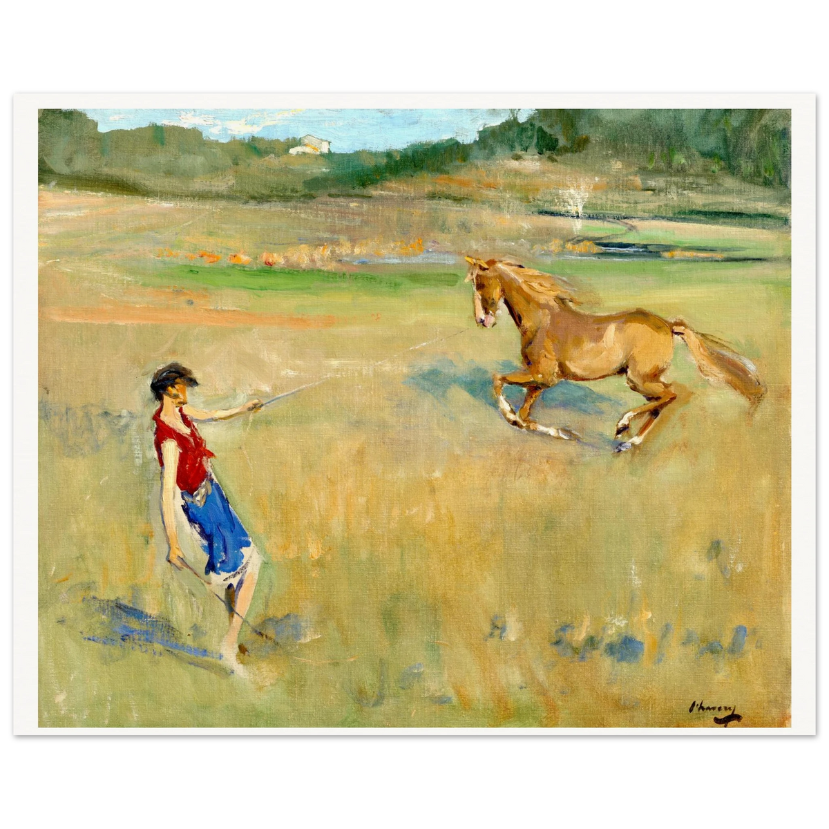 Schooling the Pony by Sir John Lavery in a white frame, straight-on view