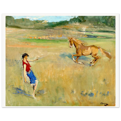 Schooling the Pony by Sir John Lavery in a white frame, straight-on view