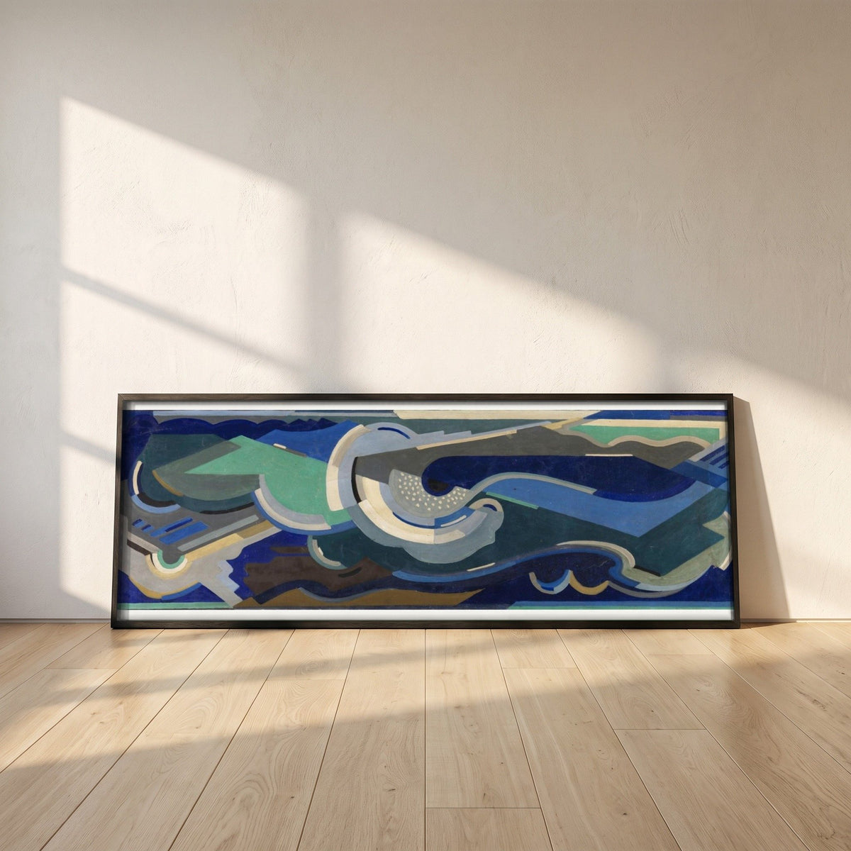 A Composition, Sea Rhythm framed print in a black frame leaning against a white plaster wall on oak floorboards in morning light