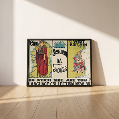 Seachtain na Gaeilge framed print in a black frame leaning against a white plaster wall on oak floorboards in morning light