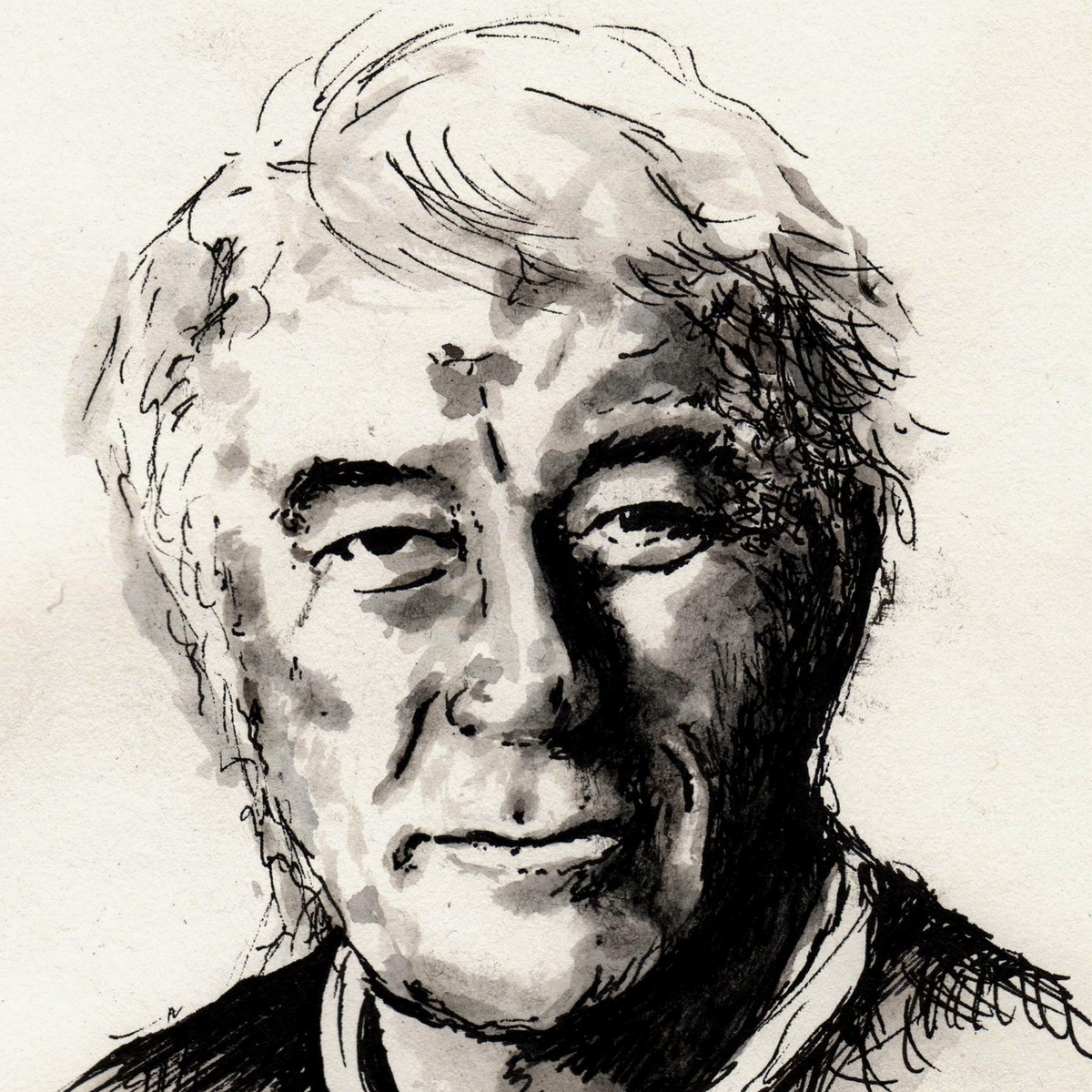 Seamus Heaney portrait, The Squat Pen, pen and ink sketch with grey wash, unframed print