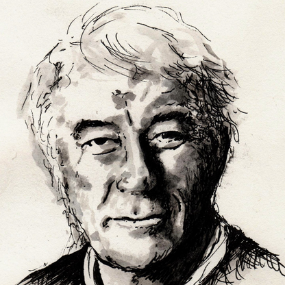 Seamus Heaney portrait, The Squat Pen, pen and ink sketch with grey wash, unframed print