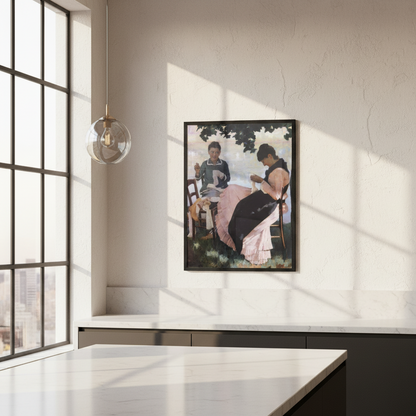 Sewing in the Shade by John Lavery framed print in a black frame above a kitchen counter by tall windows