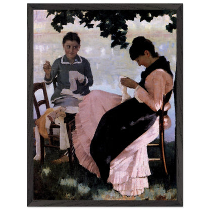 Sewing in the Shade by John Lavery print in a black frame, woman in a pink and black dress sewing